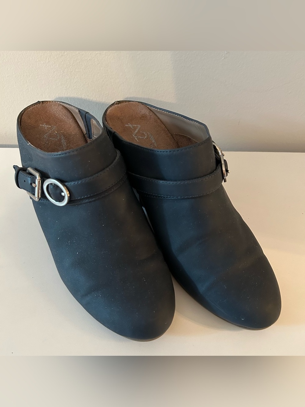 Women’s Dark Blue Slip-On Mule with Buckle Accent